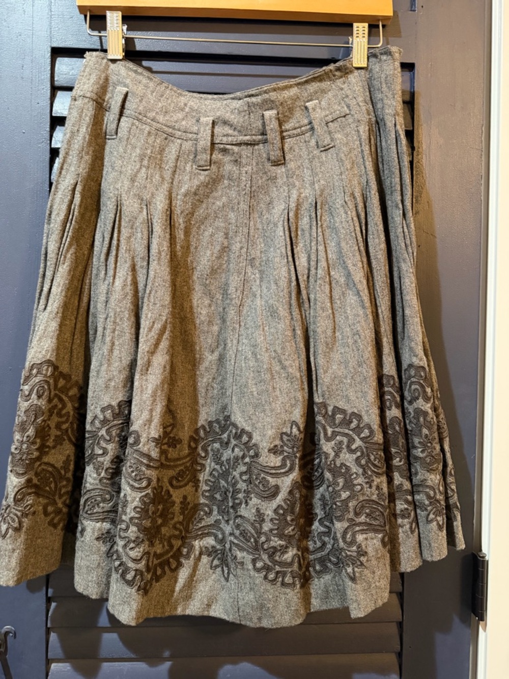 Pauw Amsterdam Grey Wool-Blend Circle Skirt with Black Embroidered Border